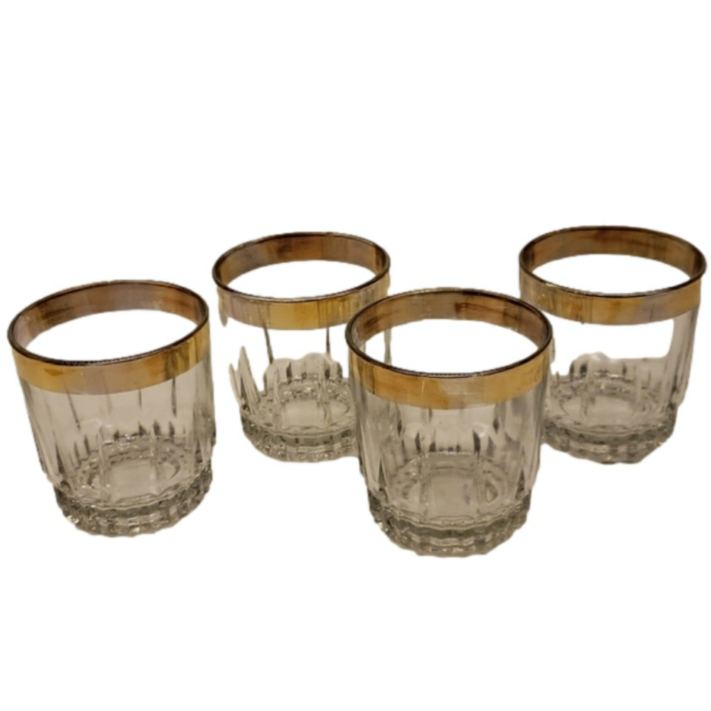 𝅺vintage Libbey Set of 4 clear gold band tumblers 22K gold trim 3"Diam x 3.5"h